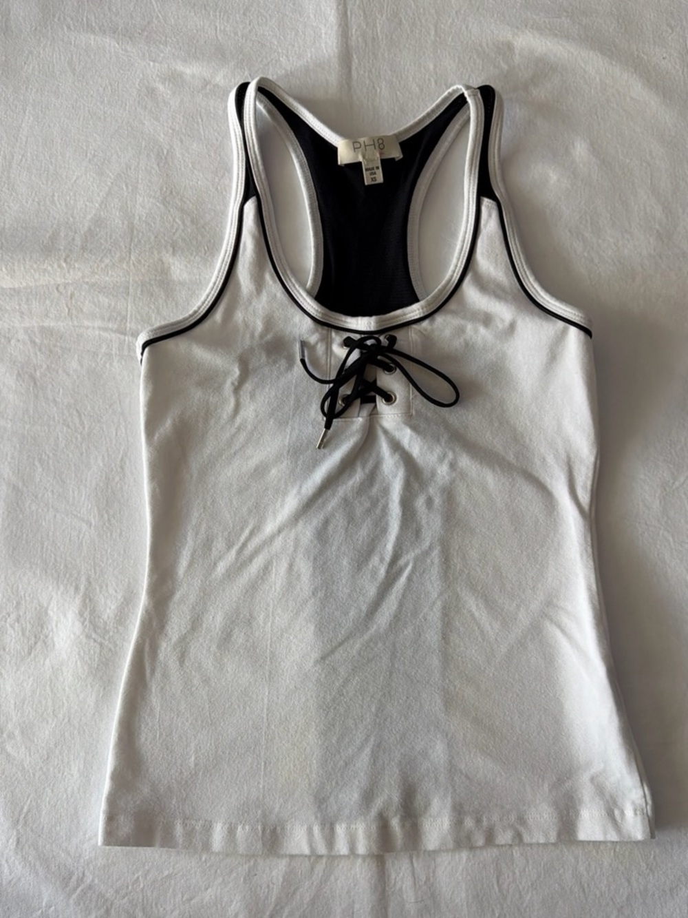 PH8 White Racerback Tank with Black Trim and Lace-Up Front